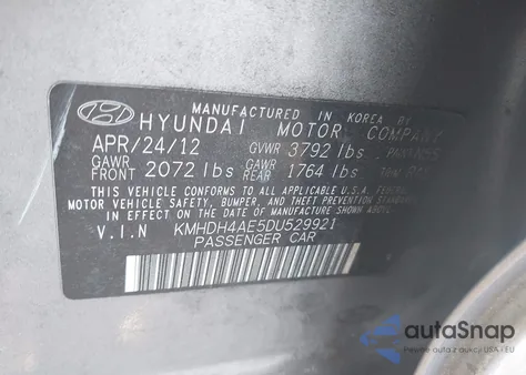 2013 Hyundai Elantra Limited z USA, uszkodzony, nr VIN KMHDH4AE5DU529921